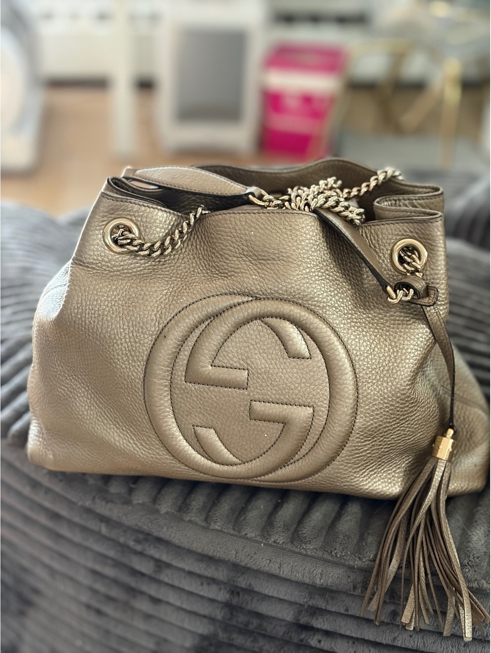 Gucci Soho Metallic Leather Shoulder Bag with Tassel